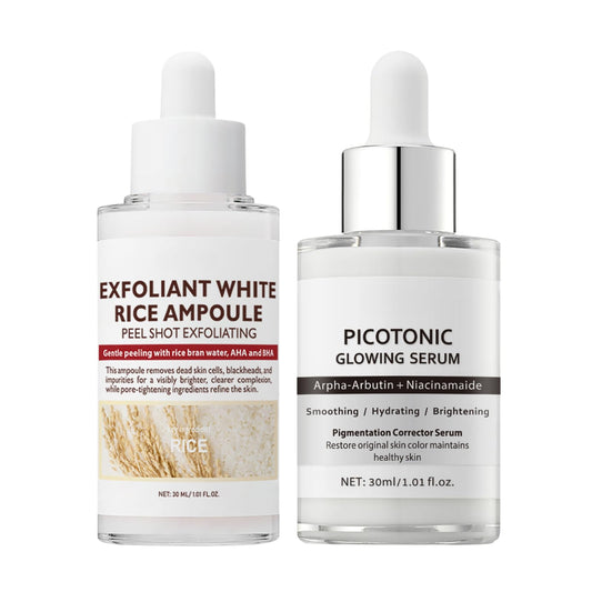 Cureluxe 2PCS Peel Shot Glow Rice Ampoule Duo White Rice + PICOTONIC GLOWING SERUM,Face Scrub Exfoliator Pore Minimizer for Face,Gentle Soft Facial Scrub Exfoliator,Brighten Anti-Aging Serum,Korean Skin Care