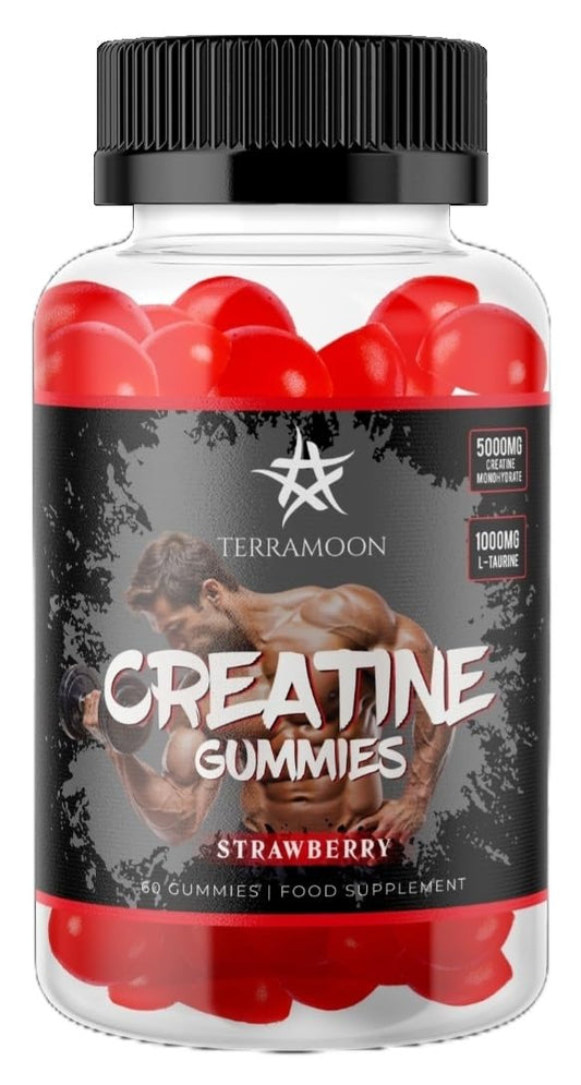 TERRAMOON Creatine Gummies, Strawberry Flavour, 5000mg Creatine, 1000mg L-Taurine, Vitamin B12 200mcg, 60 Count, 30 Day Supply
