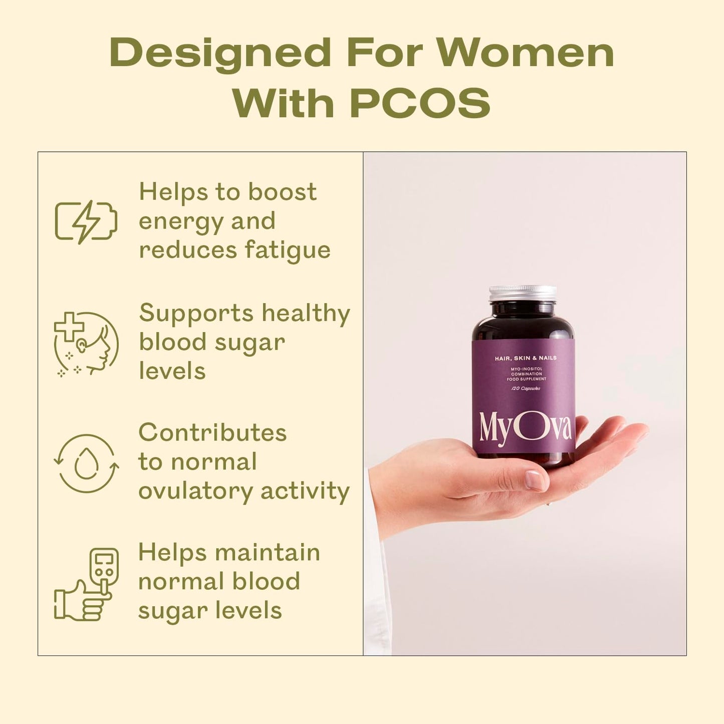 MyOva Hair, Skin & Nails PCOS Supplement - 30-Day Supply - 2000mg Myo-Inositol for PCOS Support - Complex has Biotin, Zinc, Vitamin A and C to Support Strong Hair, Skin & Nails – UK Manufactured