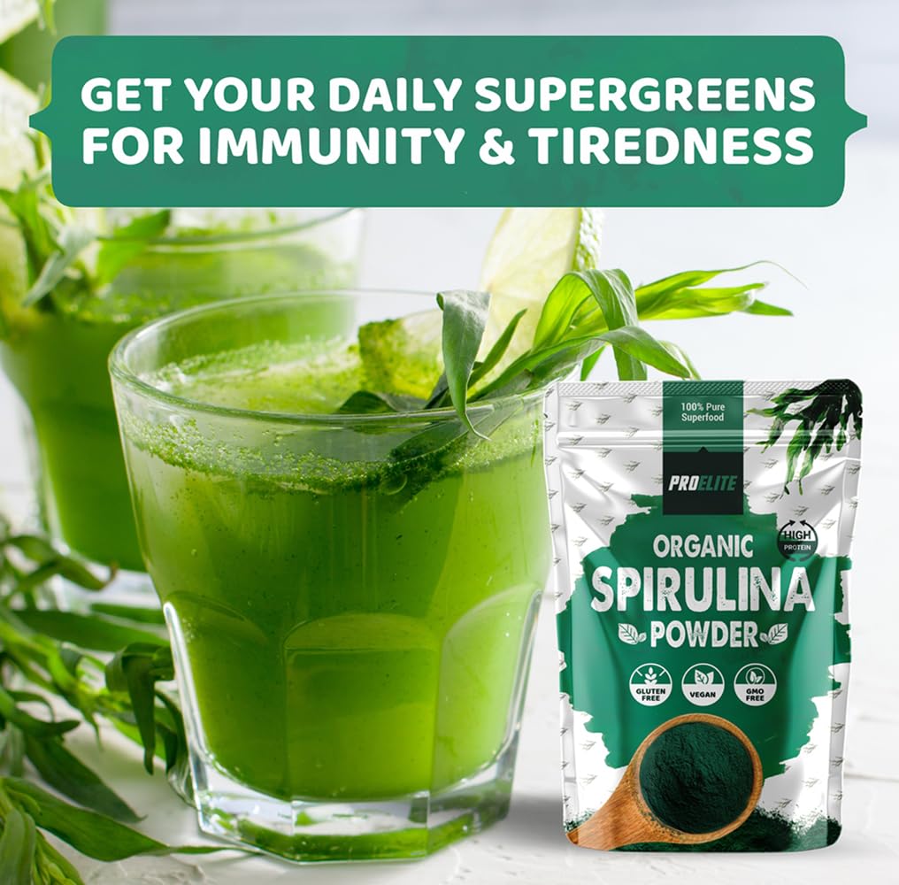 Organic Spirulina Powder 250g Natural Immune Booster | Premium Superfood Super Greens Spirulina Powder | Rich in Essential Vitamins & Minerals Vegans & Vegetarians by PROELITE