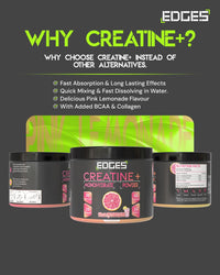 Edges Creatine+ | 5g Creatine (200 Mesh) | 1g BCAAs | 1g Collagen | Creatine Monohydrate Powder - Pink Lemonade Flavoured Creatine - Boost Muscle Performance - 30 Servings (272g, Pink Lemonade)