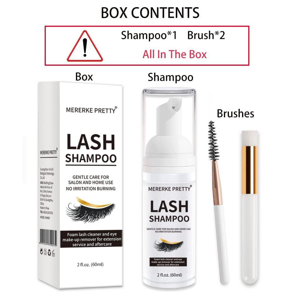 Mererke_Pretty Eyelash Extension Shampoo 60 ml + Brush - Eyelid Foaming Cleanser - Sensitive Paraben & Sulfate Free - Eyelash Wash and Lash Bath for Extensions - Salon Use and Home Care