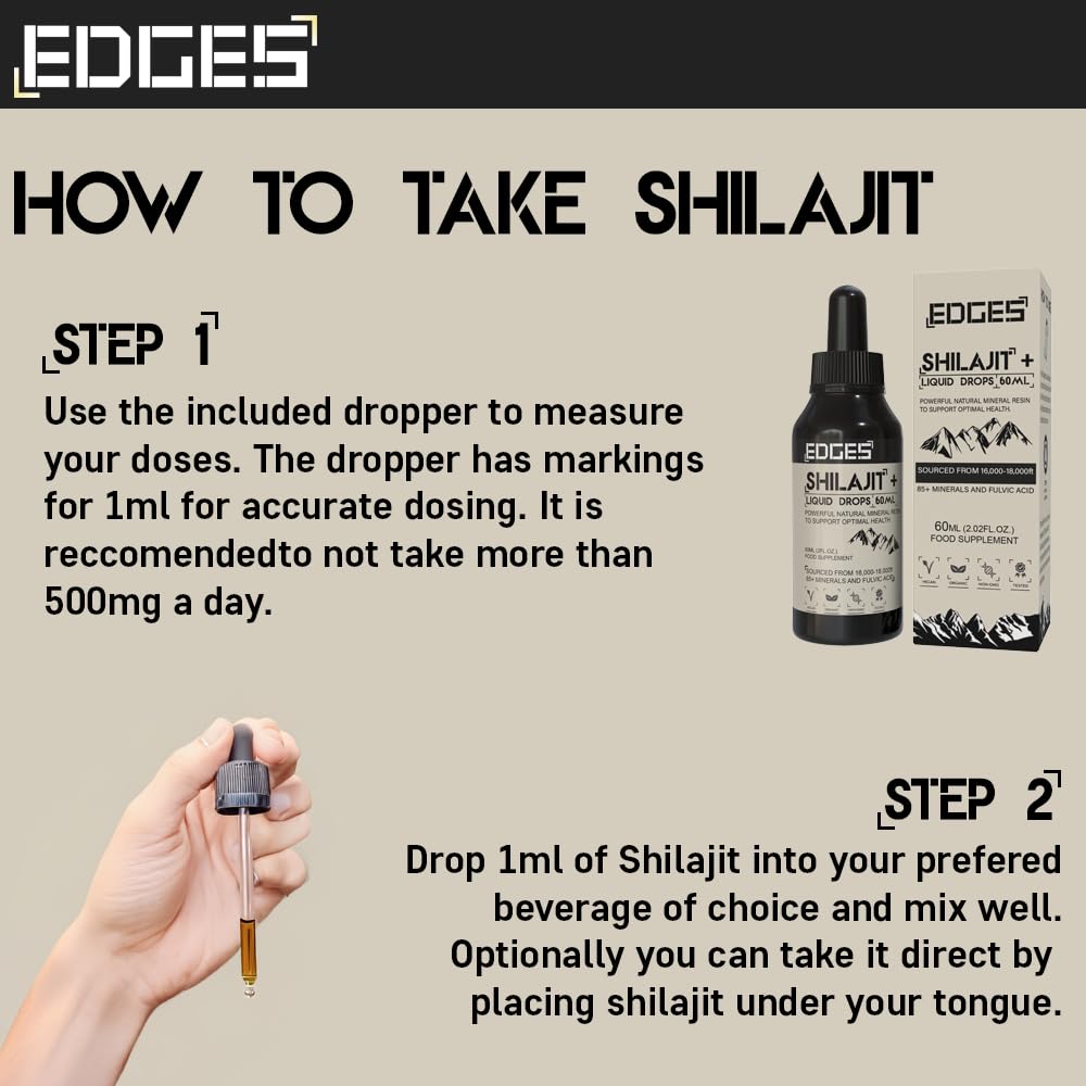 Edges Shilajit Liquid Drops, Faster Absorption, High Potency, Fulvic Acid, Humic Acid, 85+ Minerals, 2 Month Supply