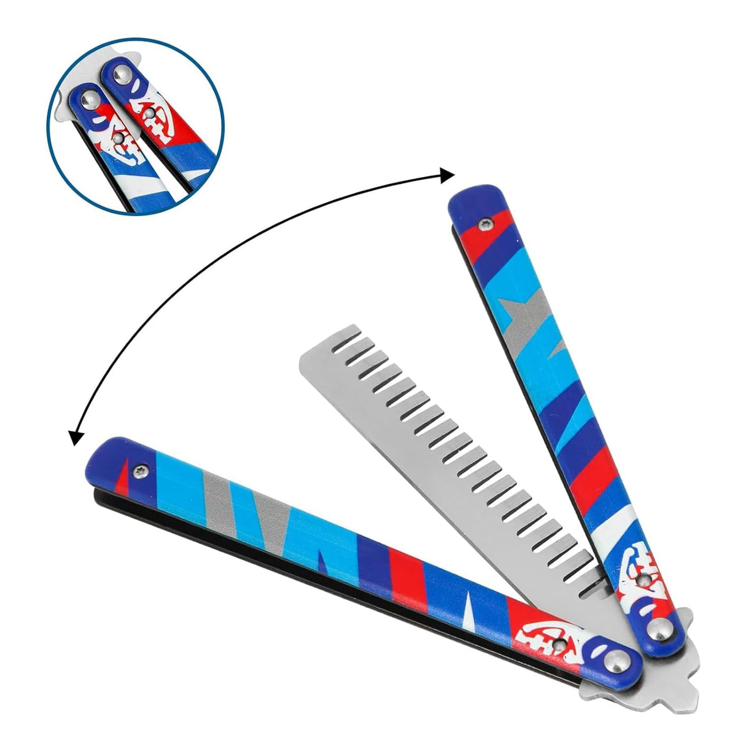 Butterfly Comb, Stainless Steel Folding Practice Combs, 3D Color Printing Tactical Butterfly-Open Pattern Trainer for Sport Outdoor Use (Blue)