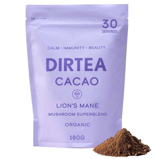 DIRTEA Cacao with Lion's Mane, Reishi & Tremella | 100% Organic Cacao with MCT & Moringa | 2,500mg Mushrooms per Serving | Vegan & Non GMO | 180g - 30 Servings