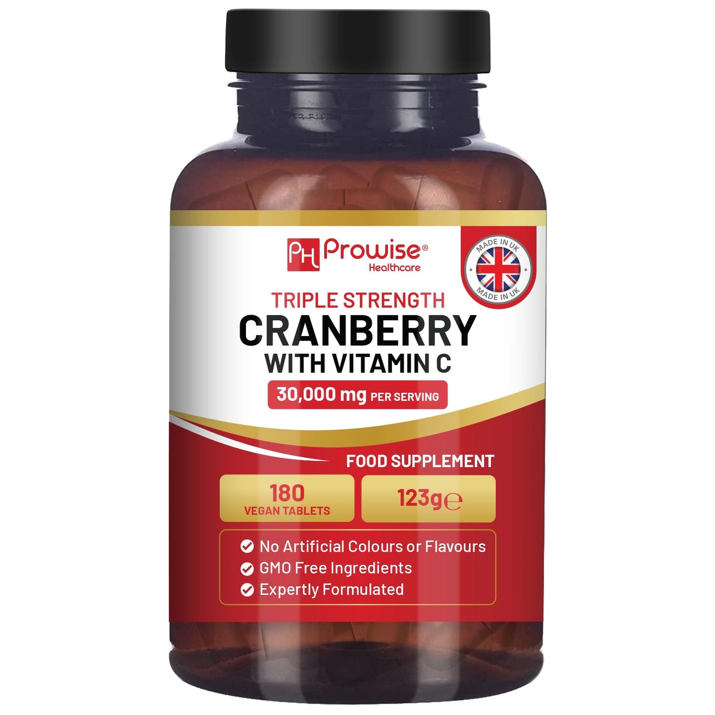 PH PROWISE Healthcare Triple Strength Cranberry 30,000mg Added with Vitamin C - 180 Vegan Tablets I UTI Support for Women I Easy to Swallow Tablets I Made in The UK by Prowise Healthcare