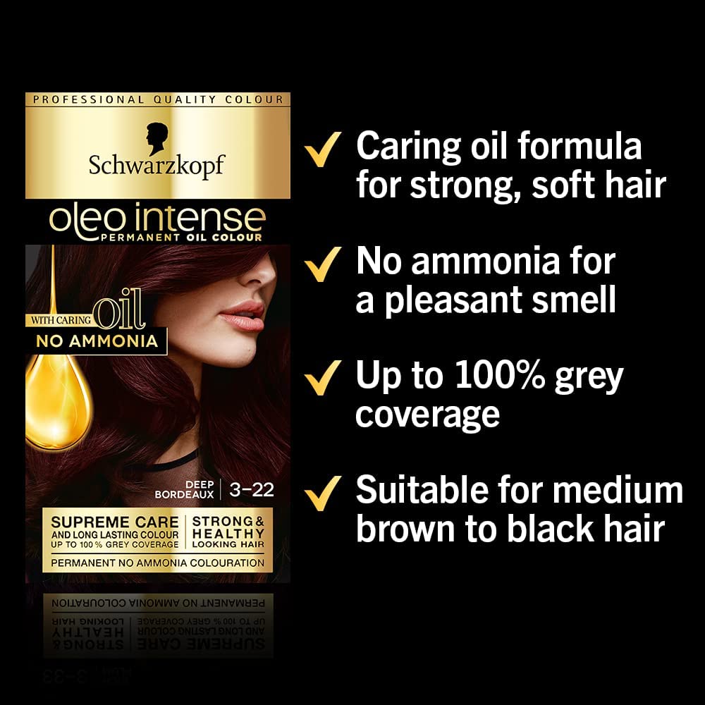 Schwarzkopf Oleo Intense, Permanent Red Hair Dye, Ammonia Free, Up to 100 Percent Grey Coverage, Deep Bordeaux 3 -22