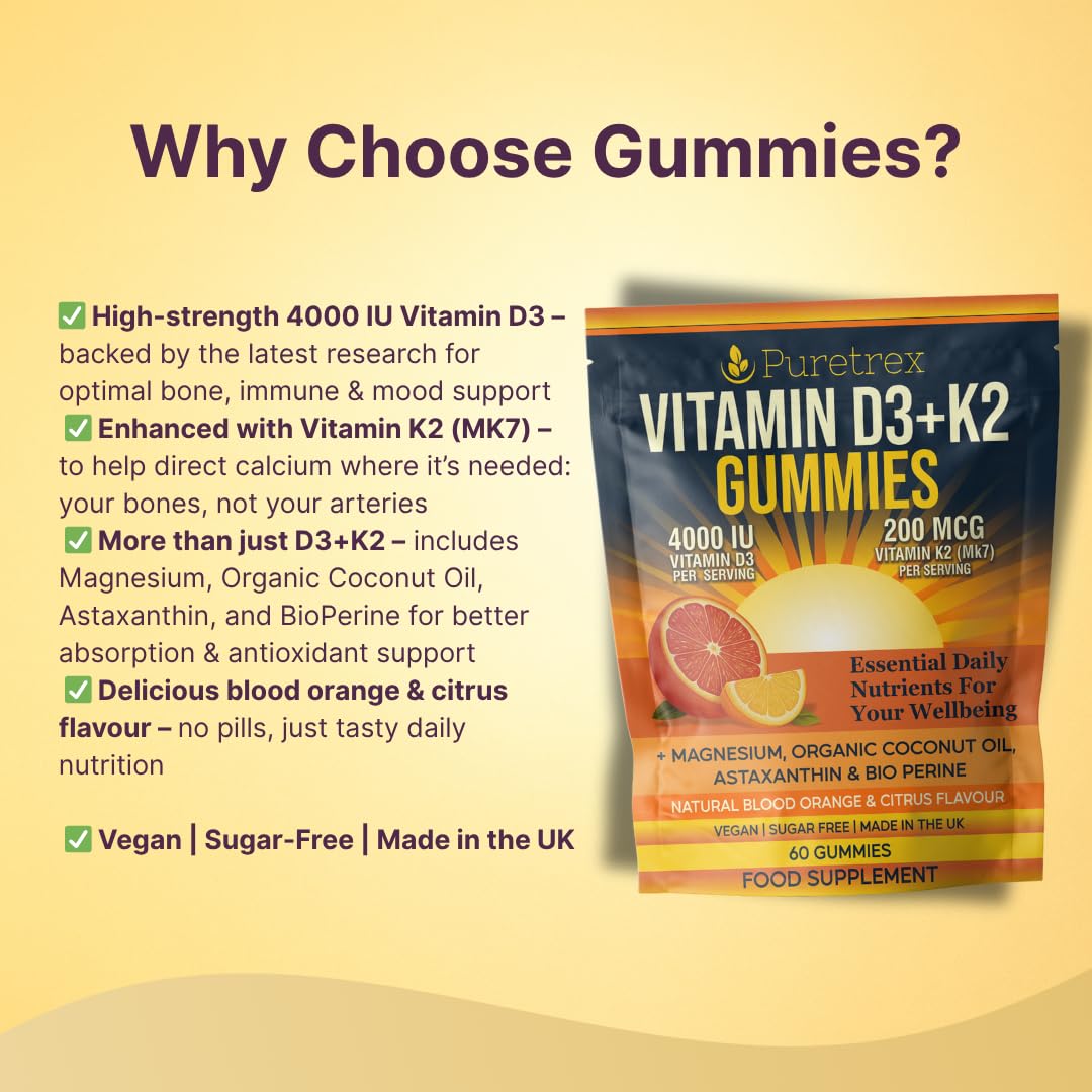 Puretrex PURETREX Vitamin D3 + K2 Gummies – 4000 IU Vegan D3 & 200 mcg MK-7, Magnesium, Coconut Oil, Astaxanthin & BioPerine® – Sugar-Free, Natural Blood Orange Citrus – 60 Vegan Gummies, Made in UK