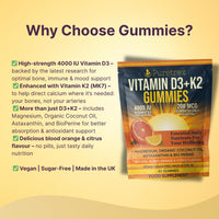 Puretrex PURETREX Vitamin D3 + K2 Gummies – 4000 IU Vegan D3 & 200 mcg MK-7, Magnesium, Coconut Oil, Astaxanthin & BioPerine® – Sugar-Free, Natural Blood Orange Citrus – 60 Vegan Gummies, Made in UK