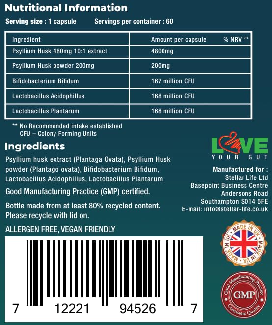 Stellar Life Fibre Supplement 5000mg Psyllium Husk with 500 Million Multi-Strain Probiotic - High Strength - Natural Soluble Fiber Supplement Plantago Ovata Seeds 2 Month Supply Psyllium Husks Capsules Vegan, UK