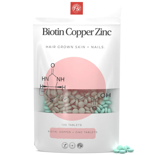 Fitness Health Biotin, Copper & Zinc Tablets - Promotes Healthy Hair, Skin & Nails - High Energy Production - Support Hormone Balance - Vegan Biotin Complex Supplements – (120 Tablets)