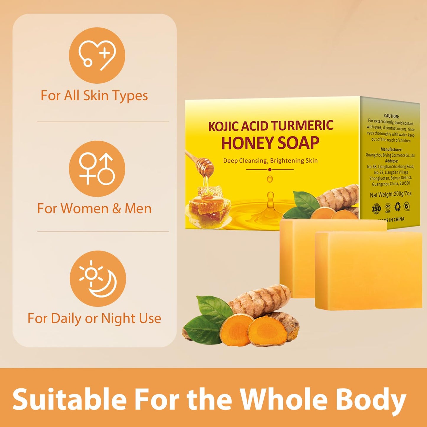 IREV Kojic Acid Turmeric Soap with Honey For Face and Body, Kojic Acid Soap For Dark Spot, GlowingTurmeric Soap Bar for Acne Face Soap Bar For Cleansing Exfoliating Daily Face Wash 200g