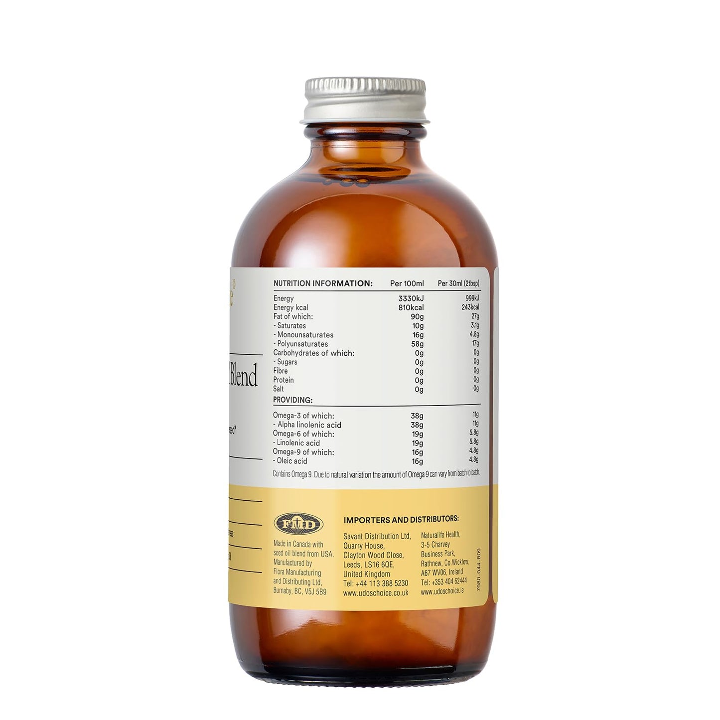 Premium Natural Source of Vegan Omega 3, 6 & 9 – Udo's Choice Ultimate Oil Blend - Cold Pressed – Plant-Based – Unprocessed – Supports Optimum Health – 250ml