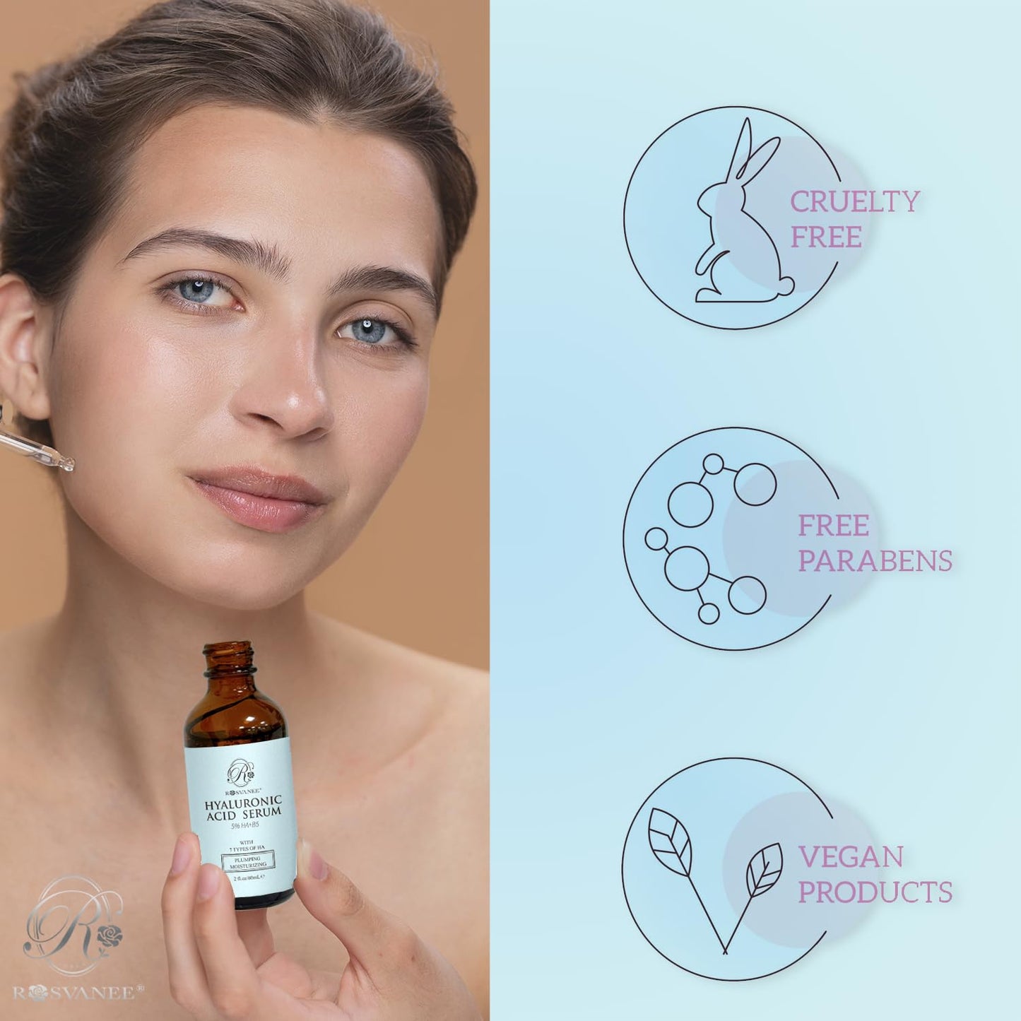 ROSVANEE Hyaluronic Acid Serum for Face 60ml, 5% Hyaluronic Acid + Vitamin B5 with Niacinamide, Anti Aging Serum Intense Hydration Moisture, Vegan and Paraben-Free