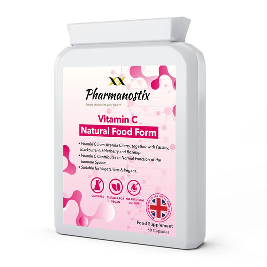 Pharmanostix Natural Food Vitamin C 60 Capsules - Immune Support & Fatigue Reduction - Containing Acerola Cherry, Rosehip, Blackcurrant and Elderberry - Gentle & Non-Acidic - Optimum Absorption - UK Manufactured