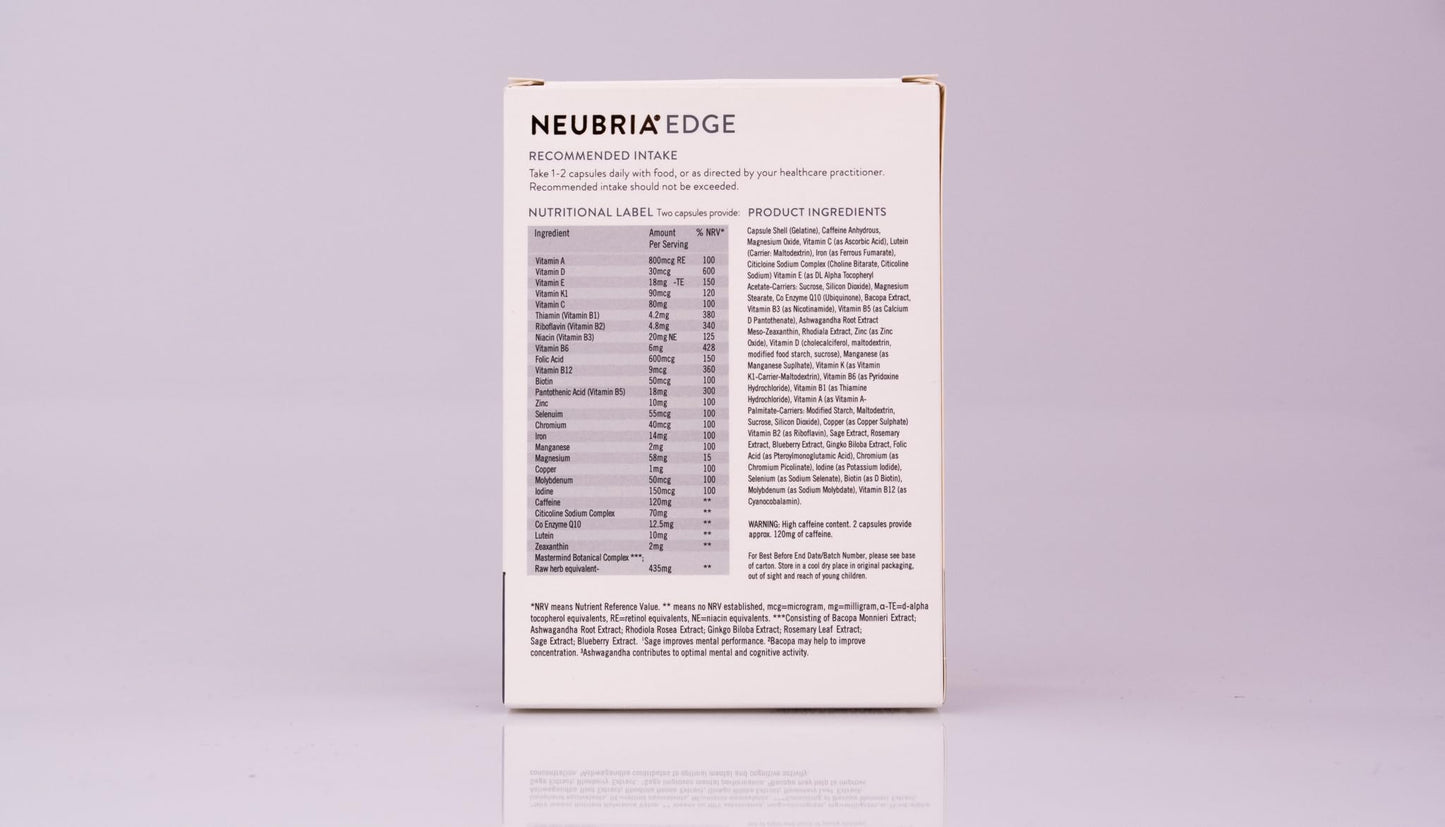 NEUBRIA Edge Nootropic Supplement for Focus, Concentration & Mental Performance - Multivitamin with Caffeine, Ashwagandha, Ginkgo, Rhodiola & Bacopa for Brain Health & Productivity – 30 Capsules