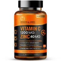 Vitamin C 1200mg and Zinc 40mg per Daily Serving - 120 High Strength Vegan Capsules with Ascorbic Acid - 2 Month Supply - Made in The UK by Howard & James