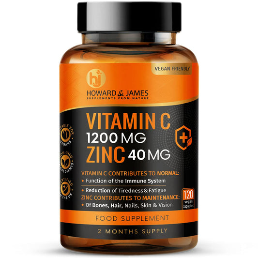 Vitamin C 1200mg and Zinc 40mg per Daily Serving - 120 High Strength Vegan Capsules with Ascorbic Acid - 2 Month Supply - Made in The UK by Howard & James