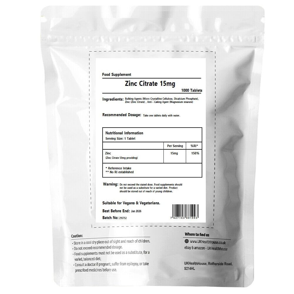 UKHealthHouse Zinc Citrate - 15mg x 1000 - High Strength - Healthy Hair, Skin, Nails, Vision & Hormone Balance - Vegetarian & Vegan - General Health