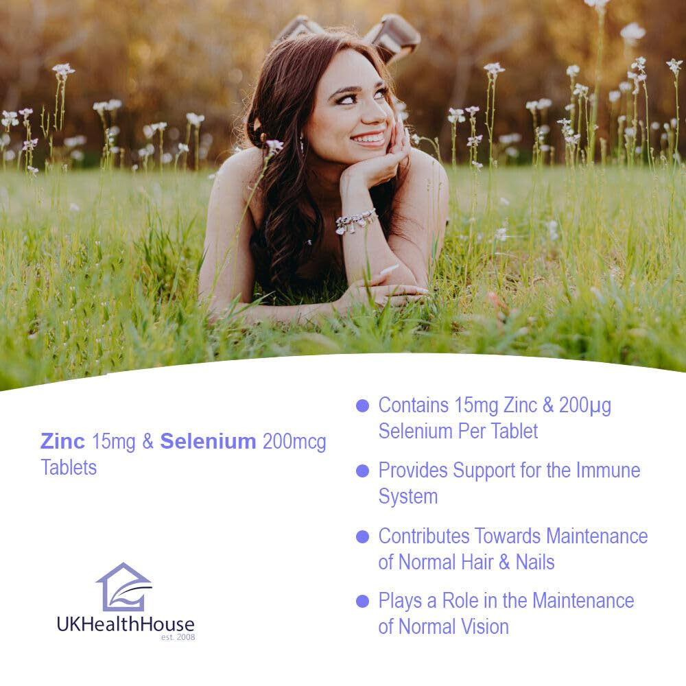 UKHealthHouse Selenium 200mcg and Zinc 15mg Supplement | Hair Skin and Nails Support | Selenium and Zinc Tablets | Immune System (90 tabs)