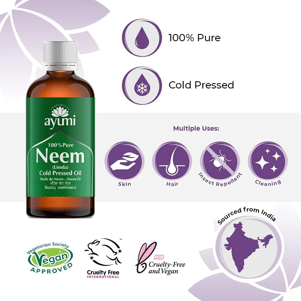 Ayumi Pure Neem Oil, Herbal Remedy For Skin & Hair, High in Vitamin E to Soothe Dry & Damaged Skin, Restores the Skin's Natural Elasticity - 2 x 100ml