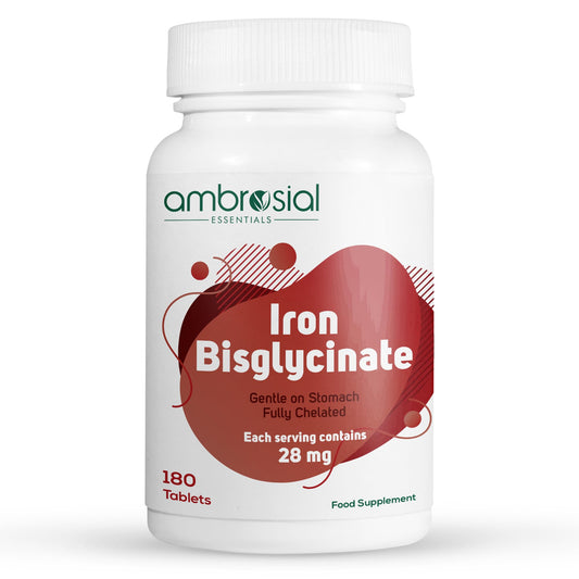 AMBROSIAL Ambrosial Iron Bisglycinate high Absorption Iron Supplements 28mg- Gluten Free Iron Supplements, Tiredness and Fatigue High Strength Iron Tablets | Iron Supplements for Women and Men- 180 Tablets