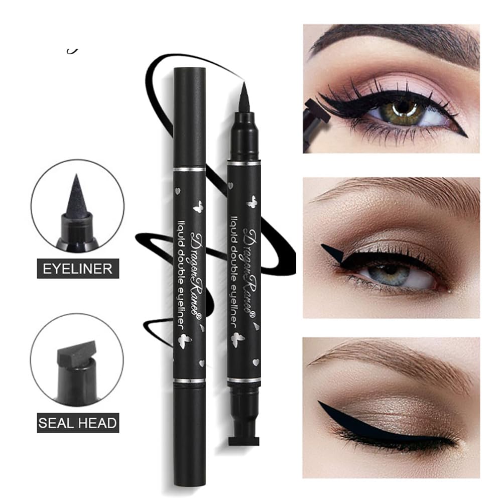 Dulele 5 PCS Black Liquid Eyeliner Stamp Pen Set, Double-Headed Waterproof Smudge-Proof Eyeliner Long Lasting Eyeliner Pen Tattoo Makeup Tool(Heart,Flower,Star,Butterfly,Triangle Seal Stamp)