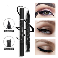 Dulele 5 PCS Black Liquid Eyeliner Stamp Pen Set, Double-Headed Waterproof Smudge-Proof Eyeliner Long Lasting Eyeliner Pen Tattoo Makeup Tool(Heart,Flower,Star,Butterfly,Triangle Seal Stamp)
