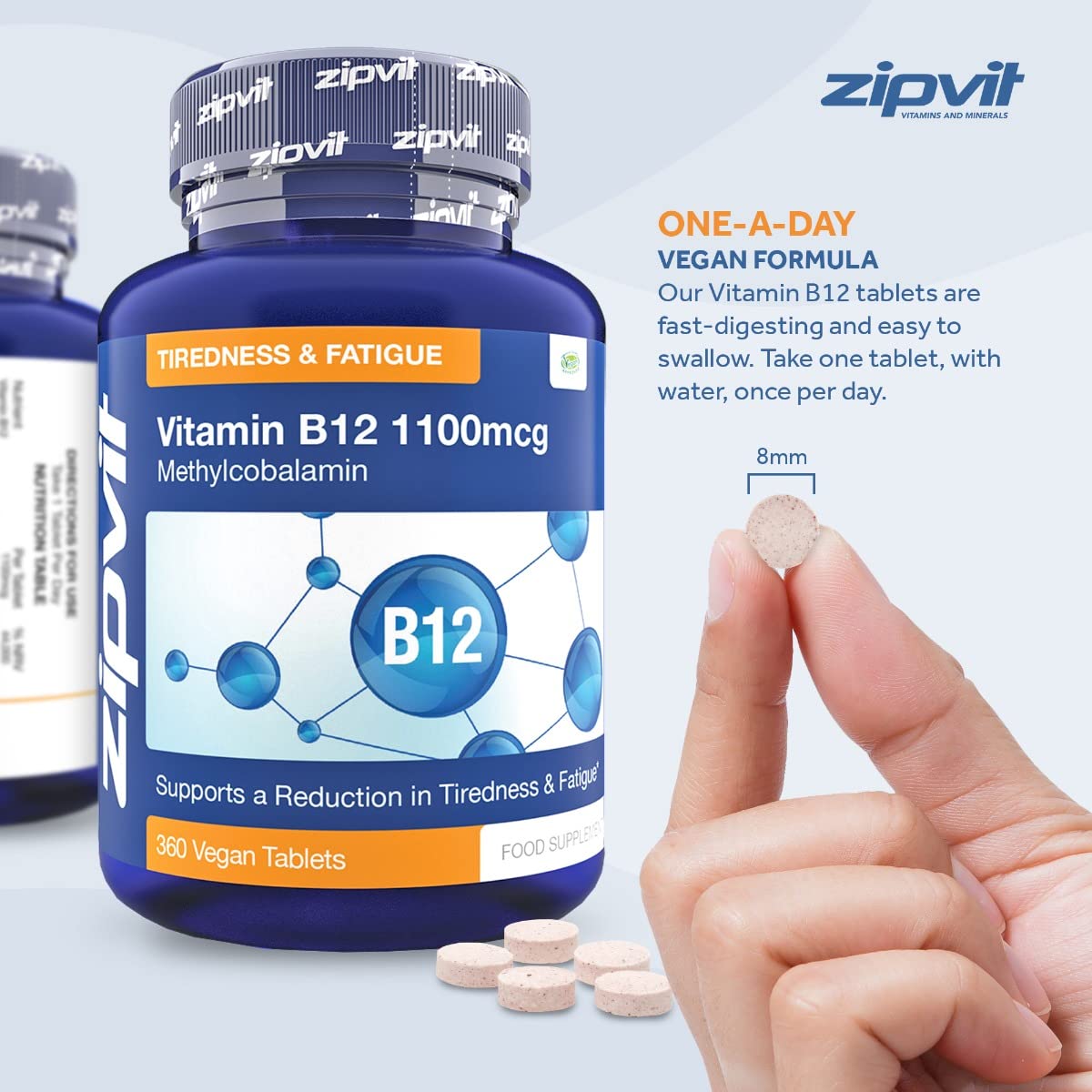 Zipvit Vitamin B12 Tablets High Strength 1100mcg Methylcobalamin, 360 Vegan B12 Tablets (12 Months Supply). Helps with Tiredness and Fatigue. Vegetarian Society Approved B12 Supplement. UK Supplier