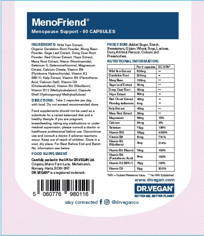 DR.VEGAN MenoFriend | Menopause Support, Relieves Common Symptoms | 60 Capsules | Two-A-Day | Botanicals, Vitamins & Minerals Including Wild Yam 500mg, Dandelion Root 200mg, Mung Bean 130mg