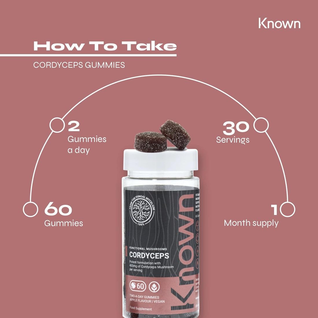 Cordyceps 400mg Mushroom Gummies by Known Nutrition | Natural Support for Energy and Endurance | Delicious Natural Apple Flavour | 60 Two-a-Day Vegan Gummies (One Month’s Supply)