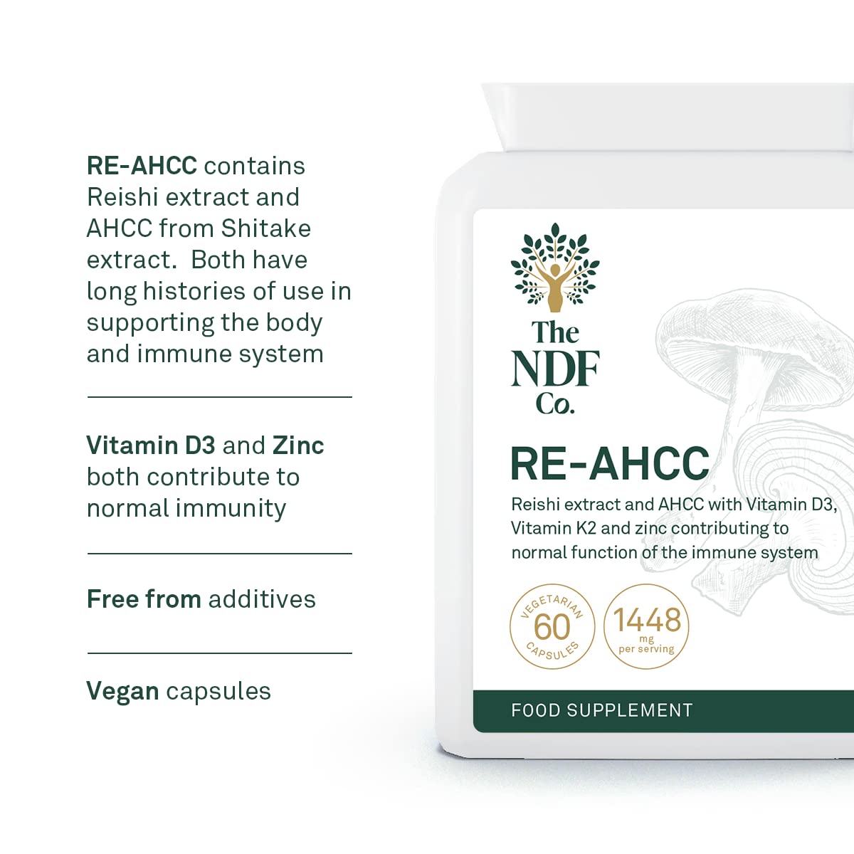 The NDF Company RE-AHCC - 5 in 1 Supplement with Reishi Extract , AHCC, Zinc, Vitamin D and K, 60 Count (Pack of 1)