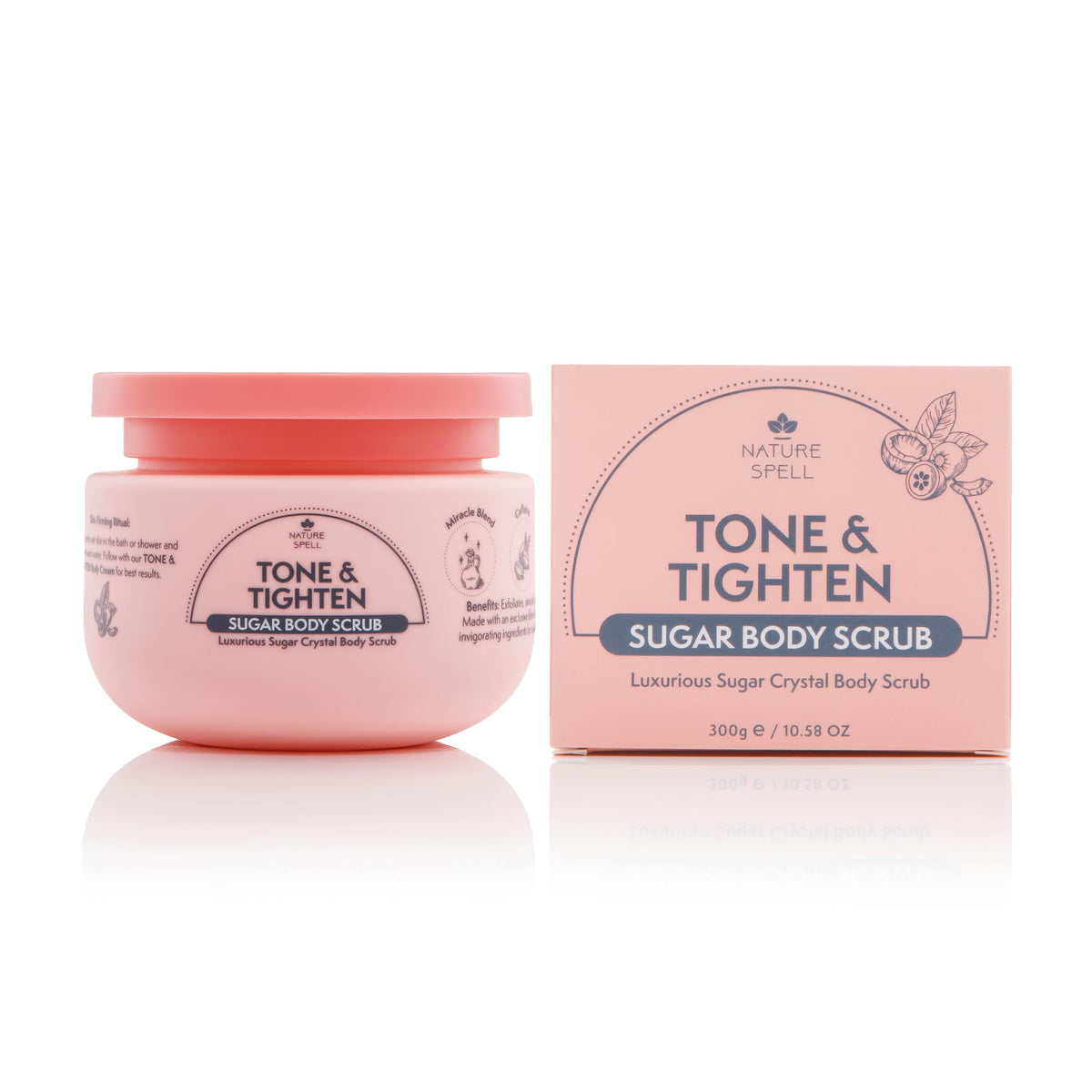 Nature Spell Tone & Tightening Body Sugar Scrub, Exfoliator for Skin Elasticity, Infused with Hyaluronic Acid, Plant Collagen & Ginseng, Vegan, 300g