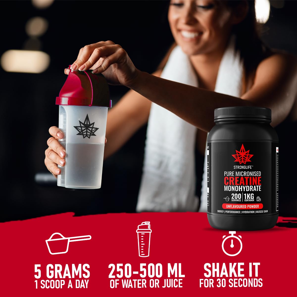 Creatine Monohydrate Powder by Stronglife - 1000 Grams (1KG), 200 Servings at 5 Grams, Micronised, Pure 200 Mesh, Unflavoured - Enhances Muscle Performance Power & Recovery