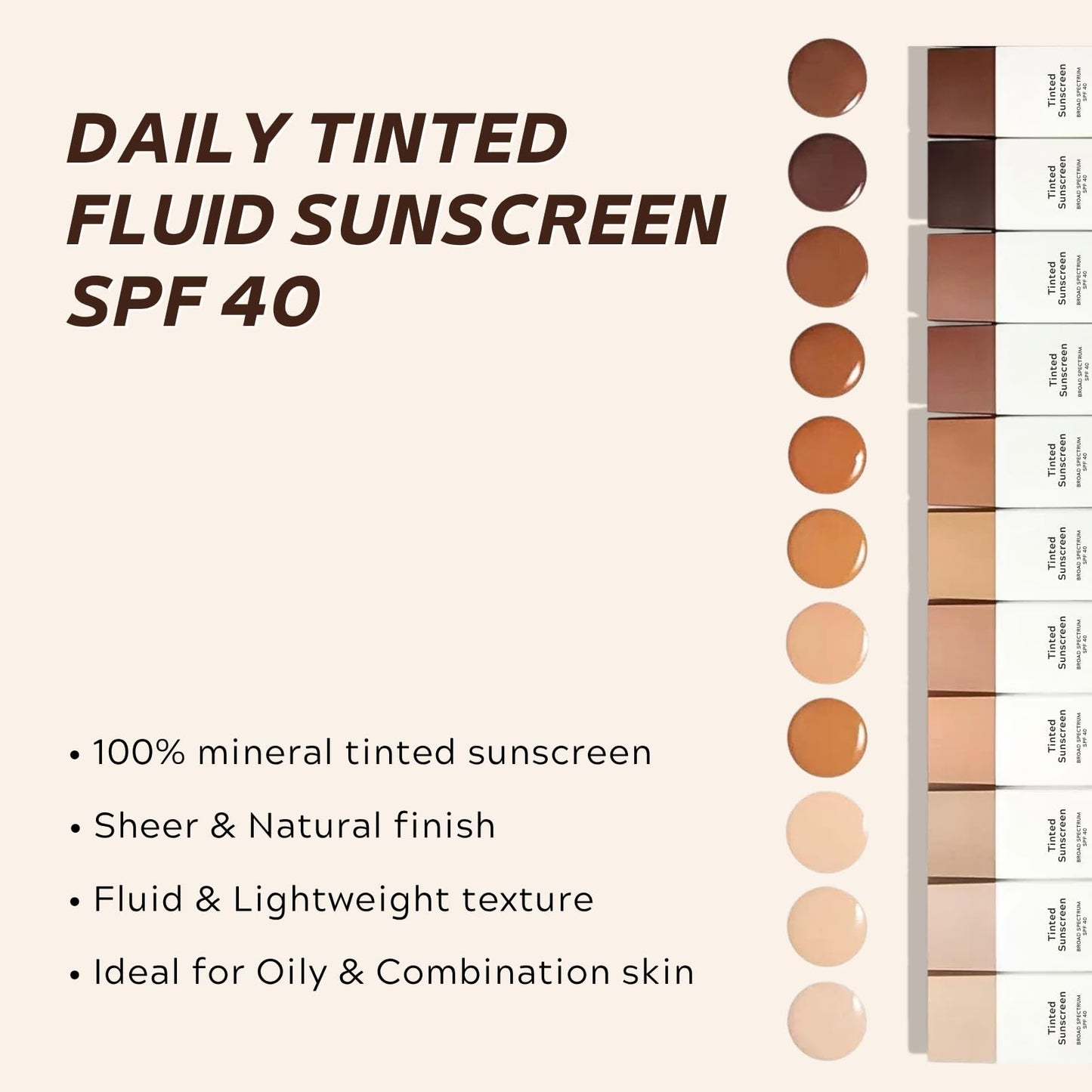 Daily Fluid Tinted Sunscreen SPF 40, Zinc Oxide+Mineral Sunscreen for Sensitive Skin, SPF Face Suncream Lightweight Non Greasy, Natural Tone & No White Cast, Light Coverage, MY210