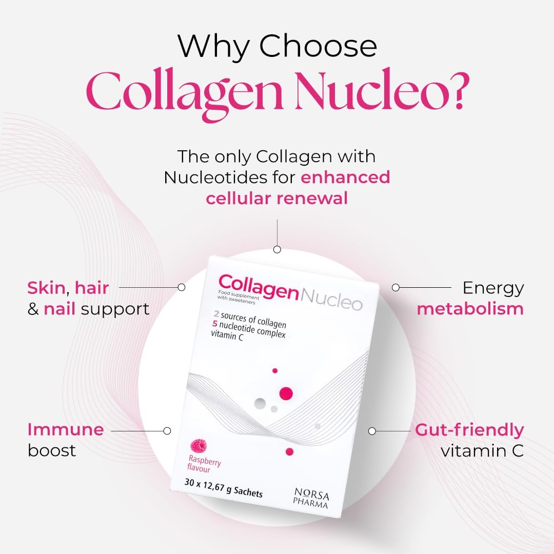 Norsa Pharma Collagen Nucleo (Raspberry / 30 Sachets) | Premium Marine & Bovine Collagen Complex with 5 Nucleotides & Vitamin C | High Bioavailability | Sugar Free | For Skin, Joint & Immunity Support