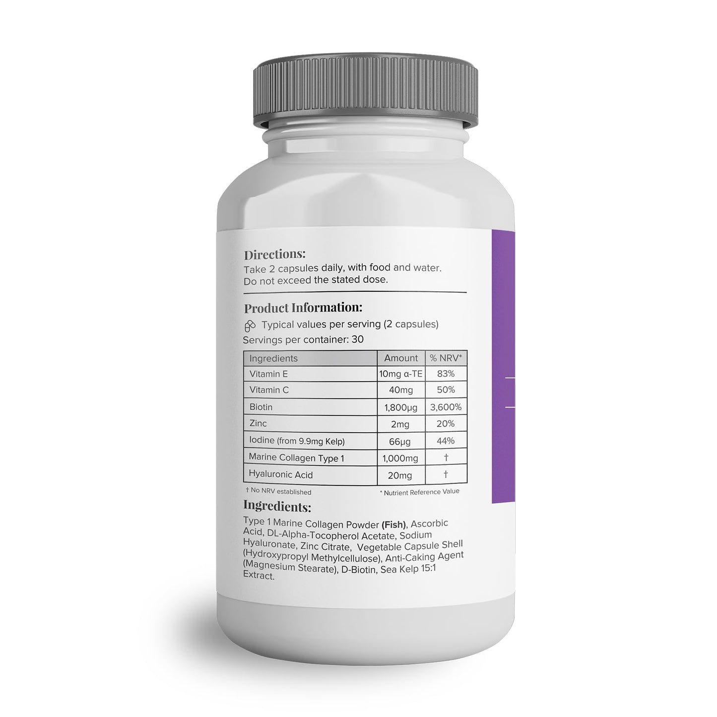 Hey Nutrition Collagen Complex Hyaluronic Acid & Sea Kelp Vitamin E, C, Biotin - Healthy Nails, Skin, Hair Joints Metabolism - Type 1 Marine Supplement - Non GMO, 60 Capsules