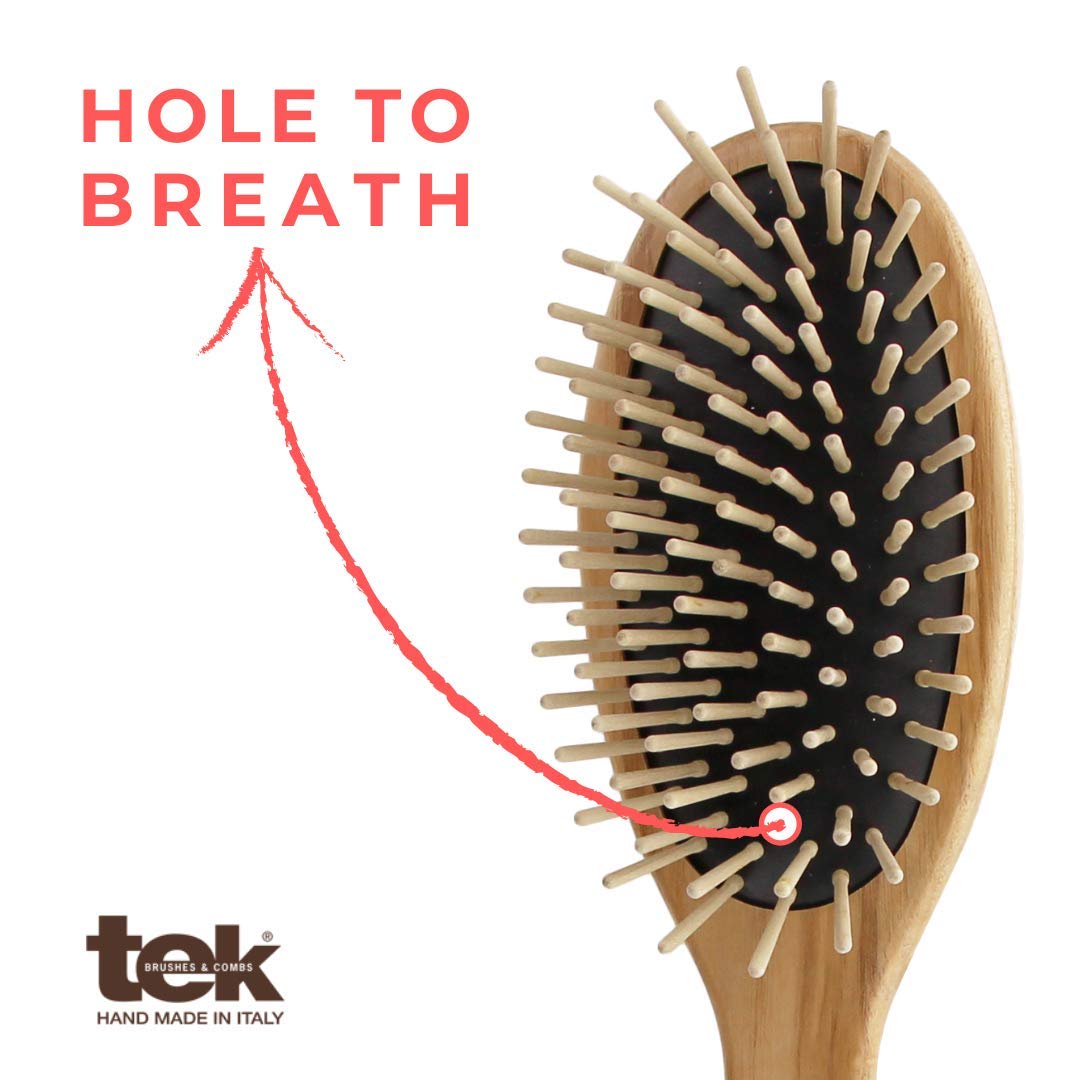 TEK- Rectangular Brush with Long Tooth in Ash Wood Handmade in Italy, for Long, Thick and Straight Hair - 22 x 6.5 cm