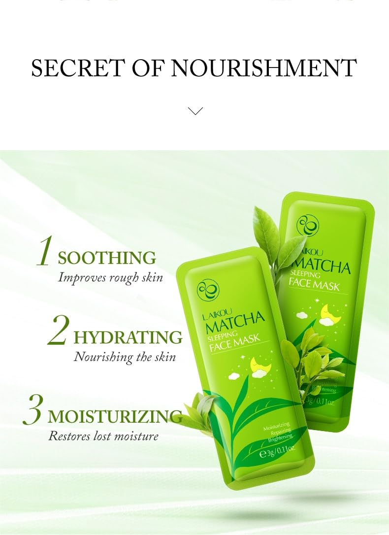 Matcha Tea Sleeping Face Mask Cream, 15 Pack x 3g, Moisturising and Repairing Night Treatment, Green Tea