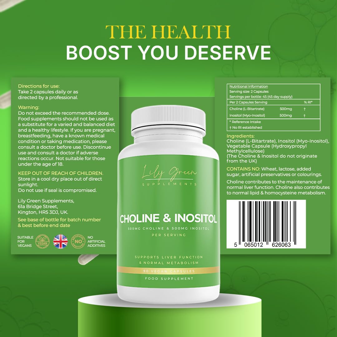 Lily Green Supplements Lily Green Choline & Inositol Capsules | High Strength Choline and Inositol Supplement | 1000mg Per Serving | 90 Vegan Capsules | Made in UK