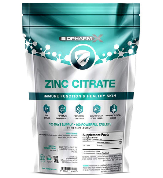 Premium Zinc Citrate (150% NRV) 100 Tablets / 1 Per Day - Pure Certified