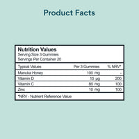 Bettervits Manuka Honey Gummies | Vitamin D, C & Zinc | Vegetarian-Friendly | Lemon Flavour