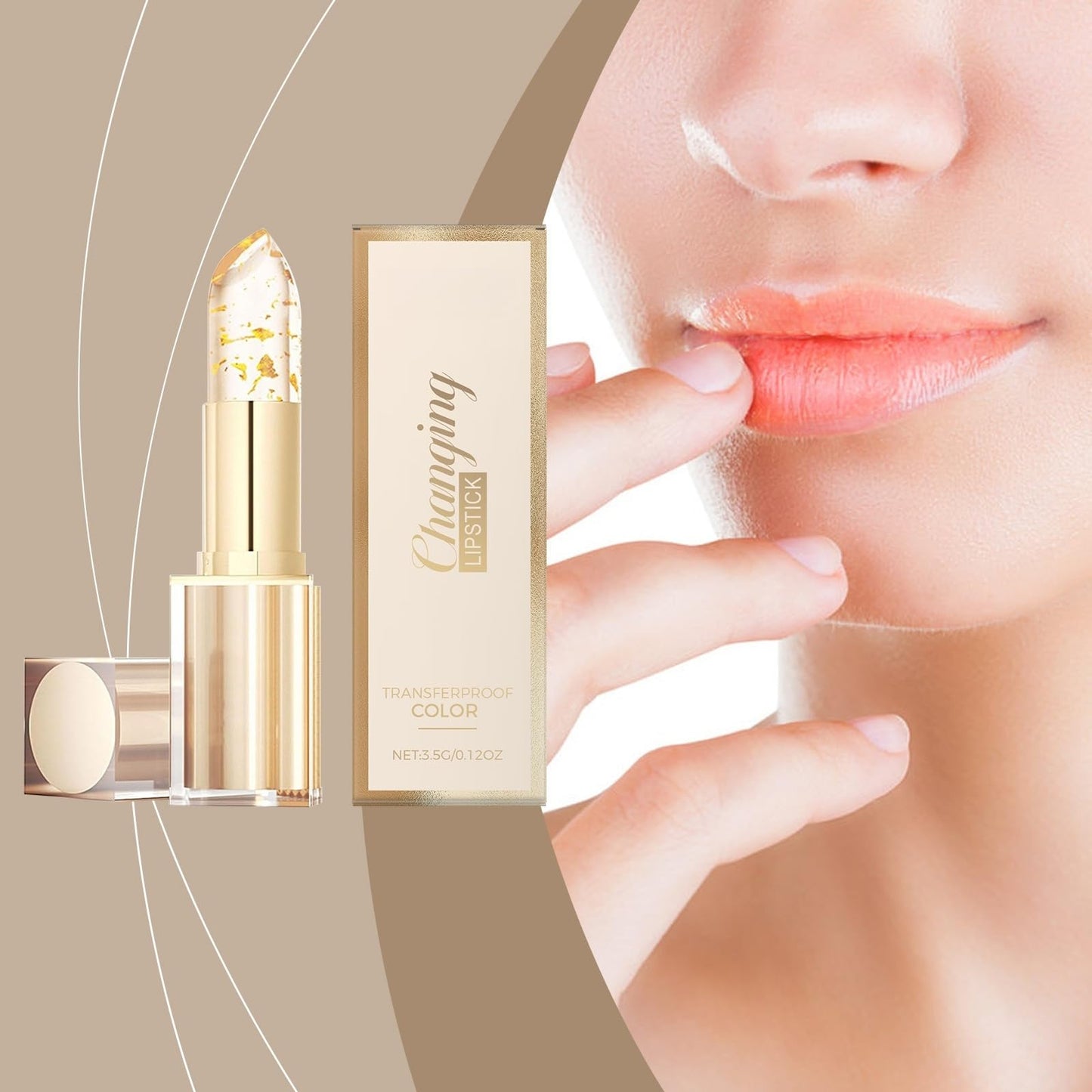 Xunzhi Transferproof Color Changing Lipstick,Temperature Color Change Lip Balm,Moisturizer Lip Balm,Transparente Gold Crystal Color Changing L/ip Stick,Gold Foil Moisturizing Glossy Shine L/ip Gloss