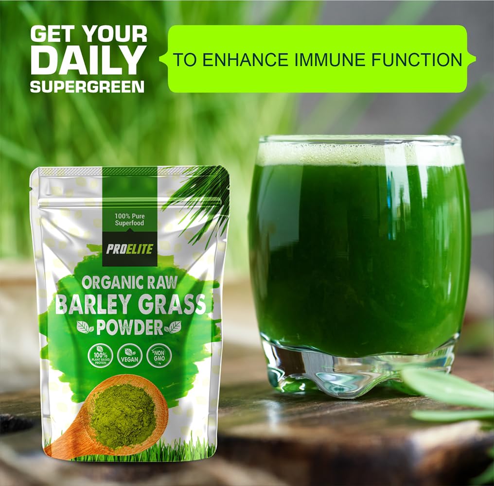 Organic Barley Grass Powder 250g - Certified Organic Grown in EU - 100% Raw Natural Gluten Free Superleaf Superfood Powder for Smoothies & Juices PROELITE