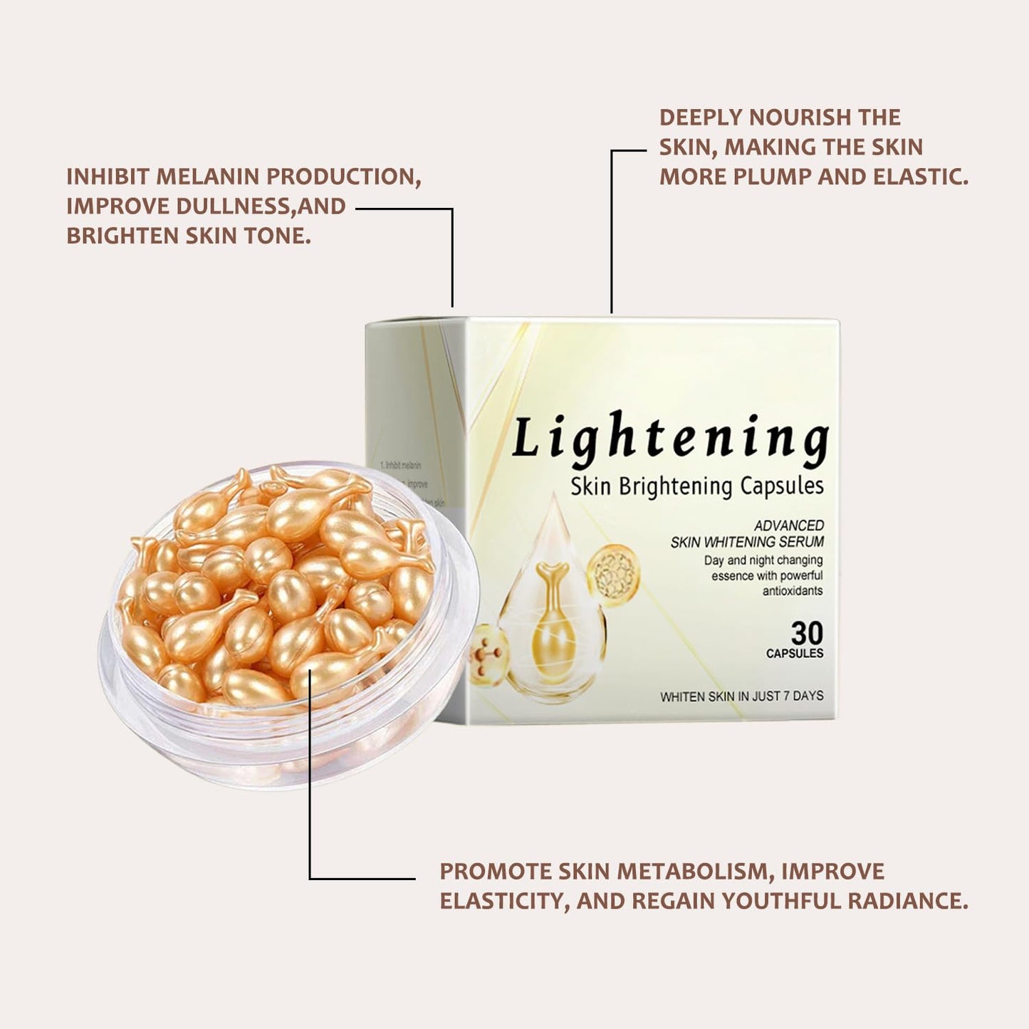 Generic Skin Brightening Capsules, Vitamin E Moisturizing for Face & Skin – Moisturizing Vitamin E Oil Capsules for Hydrated, Anti Wrinkle Face Serum, Softens & Improves Appearance – 30 PCS