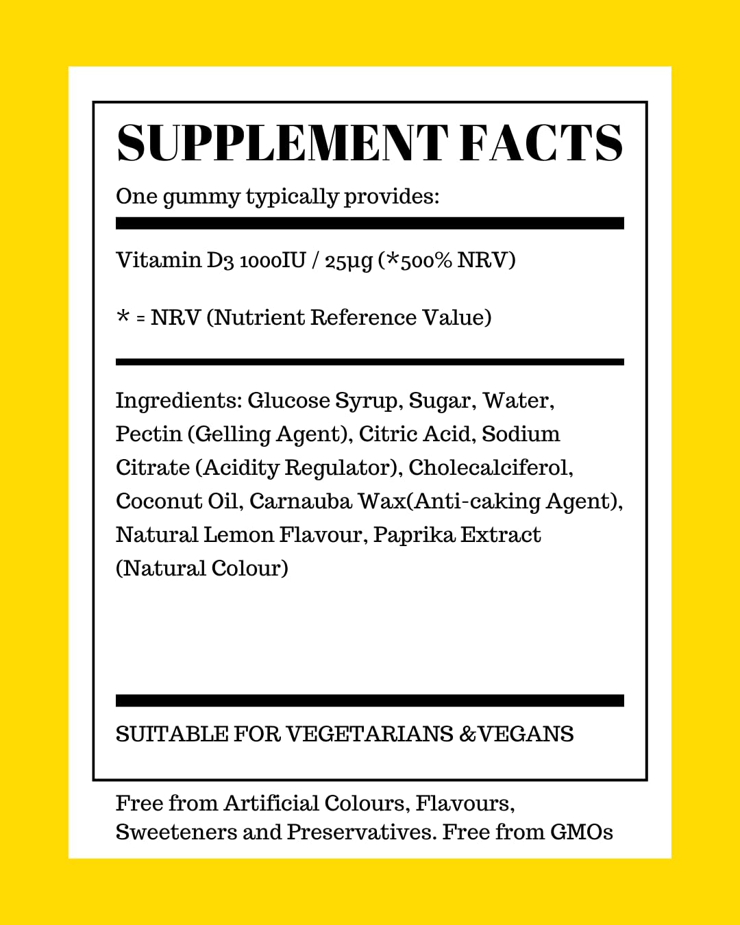 Vitamin D Gummies Adults 1000iu | Lemon Flavour | Suitable for Vegetarians Children Over 12 Years GMO & Gluten Free