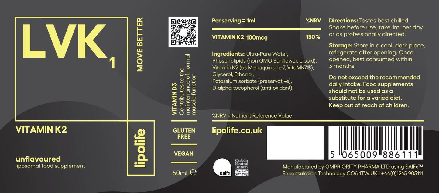 lipolife liposomal Vitamin K2 (MK-7: Menaquinone 7, a form of K2) LVK1 Vegan friendly, Unflavoured and Unsweetened 60 servings (Supports Cardiovascular and Bone Health).