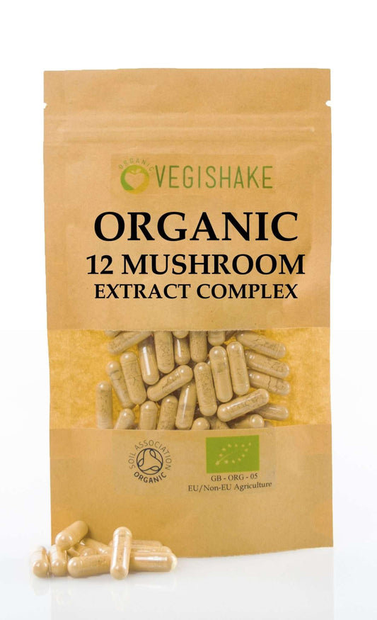 vegishake Organic 12 Mushroom 20:1 Extracts - Chaga Cordyceps Shiitake Reishi Lions Mane Maitake Poria Cocos T.T Oyster Zhu Ling Tremella Auricularia Blends Complex