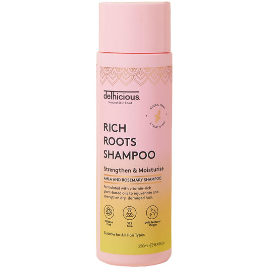 Delhicious Amla Oil & Rosemary Oil Shampoo for Hair Growth - Rich Roots Vegan, Shampoo for Thinning Hair, Damaged Hair - Nourishes Scalp, Adds Shine - Natural, Ayurveda, SLS Free - 250ml