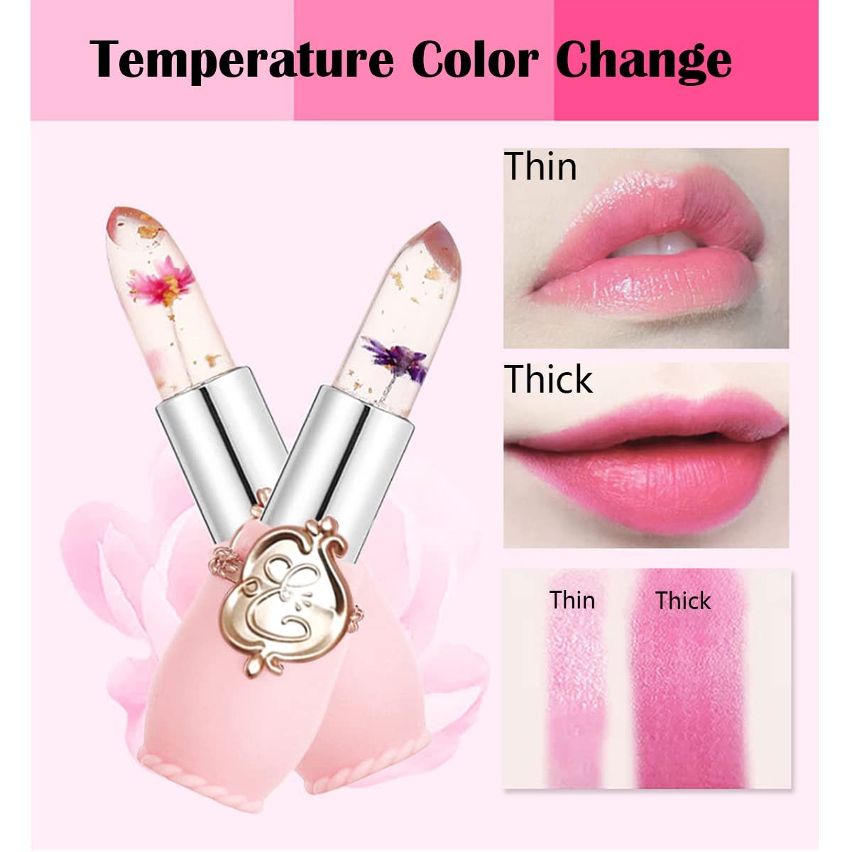 Skynest Clear Flower Jelly Lipstick, 6 Packs Nutritious Moisturizer Lip Balm Temperature Color Change Lipstick Matte Long Lasting Lip Gloss (Pink)
